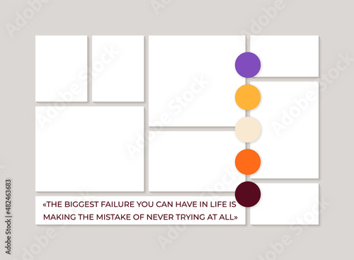 Moodboard template. Mood board background. Photo collage layout with colour palette and quote. Montage mosaic pictures. Album images grid with circles. Poster design from frames. Vector illustration.