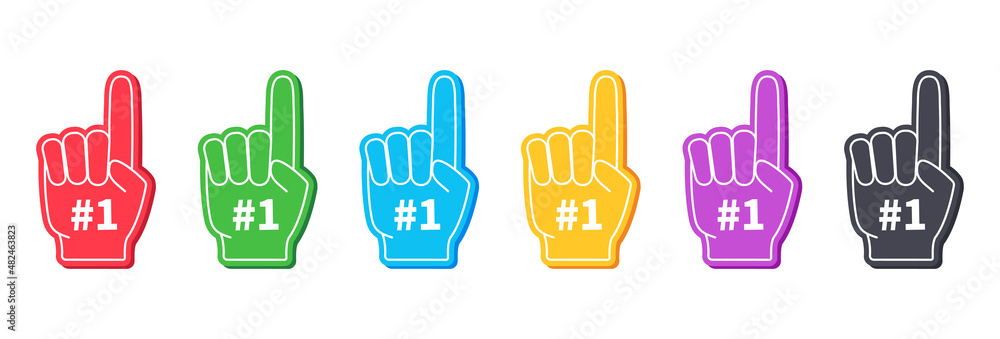 Foam fingers. 1 number on foam fingers. Hand glove with one number on finger. Icon for fan, sport, cheer, best and team. Support symbol. Isolated logo. Vector - obrazy, fototapety, plakaty 