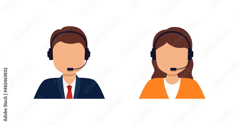 Сall center operator. Customer service agent. Woman and man with headset telephone advise online. Hotline support, corporate representative helpline simple. Web assistant avatar. vector Сall center operator. Customer service agent. Woman and man with headset telephone advise online. Hotline support, corporate representative helpline simple. Web assistant avatar. vector