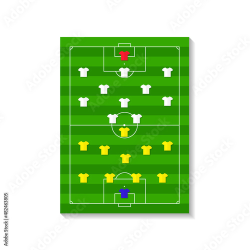 Soccer team plan formation. Formation of football strategy on soccer field with lineup team. Game board with infographic and players. Tactic on match. Vector