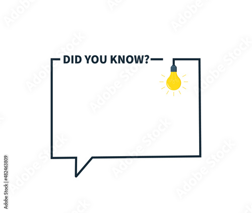 Did you know template. Frame with bulb. Icon of question in box. Fun tip, advice and idea for quiz. Outline frame with lightbulb for inform, quick ask, education and banner. Vector