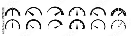 Speedometer icons. Speed gauges. Meters of speed for car. Indicator for dashboard of car. Tachometer, odometer for gauge of performance. Measure of internet speed. Vector