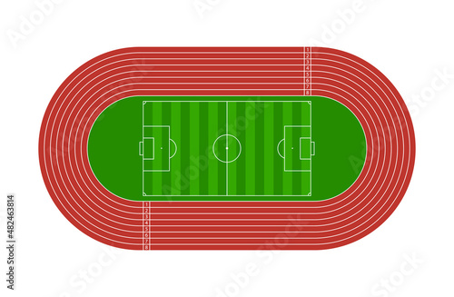 Run track. Football arena. Stadium for soccer and runner with tracks. Field or sport athletic arena for olympic game. Racetrack with line, 8 pathways, start and finish. Vector