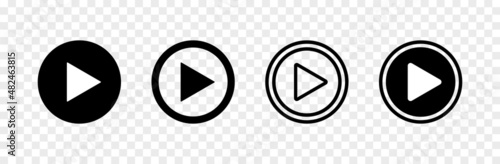 Play button. Icon of play video and film. Set of arrow in circles isolated on transparent background. Symbol of start, player and play. Click to button for music or movie. Vector
