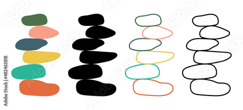 Stone balance. Icon zen. Outline logos of pebble, rocks and stones. Spa, massage logo. Black and color icons. Harmony relax concept. Vector