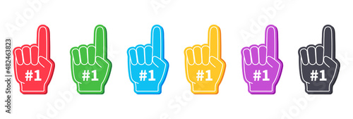 Foam fingers. 1 number on foam fingers. Hand glove with one number on finger. Icon for fan, sport, cheer, best and team. Support symbol. Isolated logo. Vector