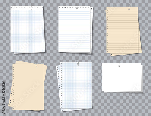 Memo pad paper. Different notebook sheets with clip. Notepaper with lines and grid. Piece of paper of notepad for note, notice and text. Realistic sheets isolated on transparent background. Vector photo