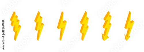 3d lightning. Isometric lightning thunder icons. Flash of energy. Bolt and thunderbolt. Electric power of lightening in storm. Elements for nature, fast, charge, battery and danger. Vector