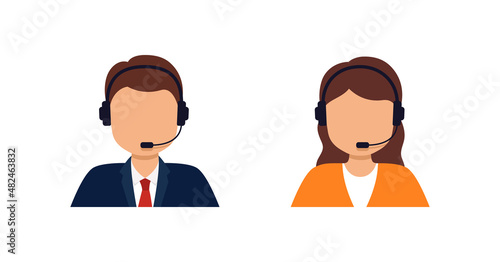 Сall center operator. Customer service agent. Woman and man with headset telephone advise online. Hotline support, corporate representative helpline simple. Web assistant avatar. vector