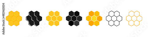 Honeycomb icons. Honeycomb of bee. Honey icons. Honey hive pattern. Beehive texture. Flat logos isolated on white background. Abstract shapes. Vector