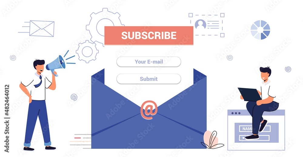 Email subscribe vector flat illustration concept Subscription to newsletter, news, offers, promotions Email marketing system A letter in an envelope Subscribe, submit Send by mail Email subscribe vector flat illustration concept Subscription to newsletter, news, offers, promotions Email marketing system A letter in an envelope Subscribe, submit Send by mail
