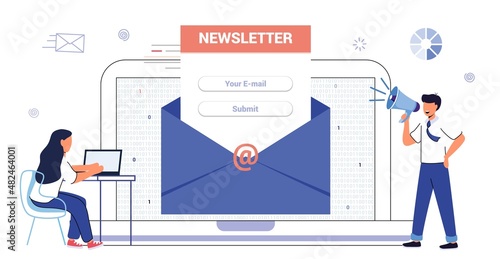 Email subscribe vector flat illustration concept Subscription to newsletter, news, offers, promotions Email marketing system A letter in an envelope Subscribe, submit Send by mail