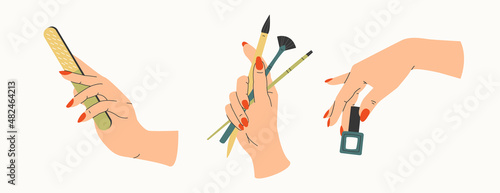 Female manicured hands. Nail brush, nail polish, nail file. Spa treatments beauty concept. Set of three hand drawn colored trendy vector illustrations. Lady painting, polishing nails. 