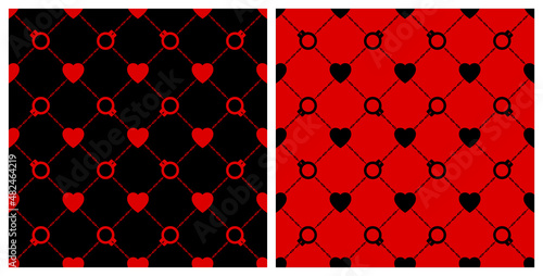 Seamless background pattern. Mesh fence chains shackle heart red black. Texture design for fabric, tile, banner, template, card, poster, backdrop, wall. Vector illustration.