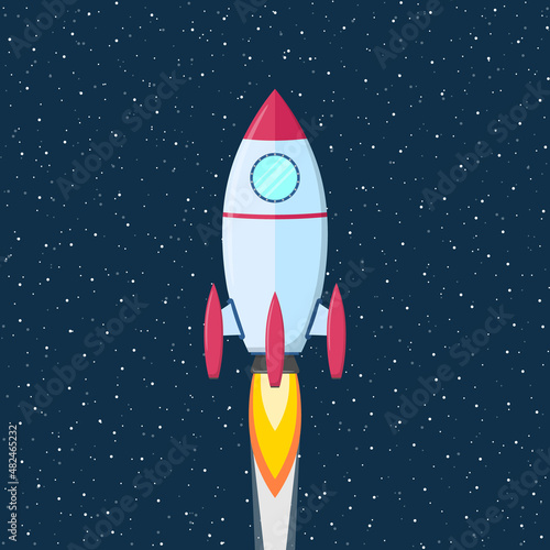 Flying rocket with fire and trail on the starry sky seamless background. Startup, moving forward, starting a business. Vector illustration.