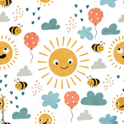 sun and clouds seamless pattern 