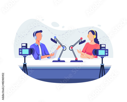 People recording audio podcast or online show