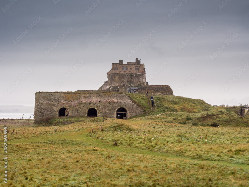 Lindisfarne castle and lime kilns, Lindisfarne, Northumberland, UK,