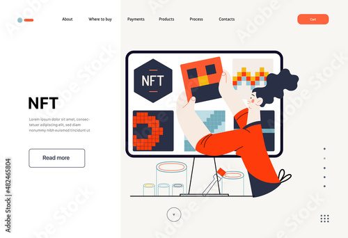 Technology Memphis -NFT Non-Fungible Token -modern flat vector concept digital illustration of placing a NFT object into the blackchain. Creative landing web page template