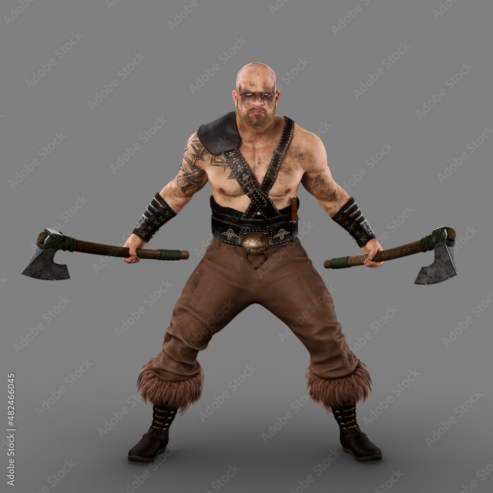 Fierce barbarian viking warrior man with tattoos and war paint standing with a bearded axe in each hand ready for battle. 3d rendering isolated on grey. Fierce barbarian viking warrior man with tattoos and war paint standing with a bearded axe in each hand ready for battle. 3d rendering isolated on grey.