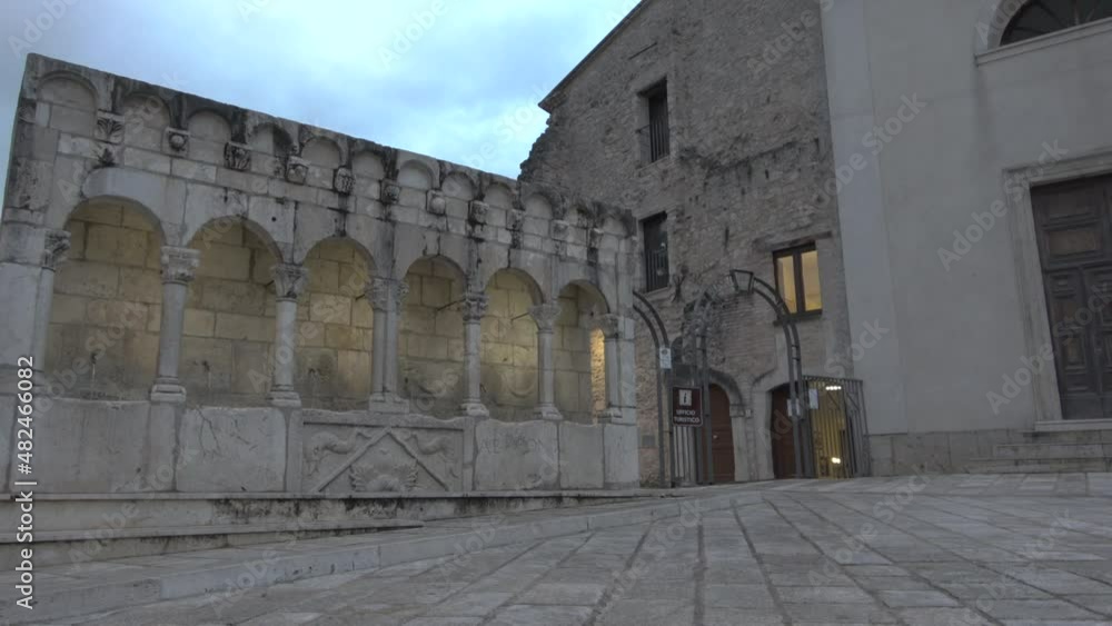 Historic center of the city of Isernia, ancient stone fountain, fraternal fountain, Molise Italy