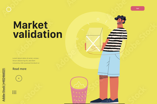 Startup illustration, website landing template Flat line vector modern concept illustration, startup metaphor. Concept of building new business, strategy, company processes. Market validation