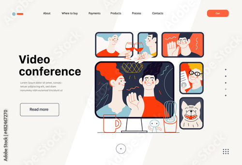 Technology Memphis -Video conferencing technology - modern flat vector concept digital illustration video conference metaphor, digital communication. Creative landing web page template