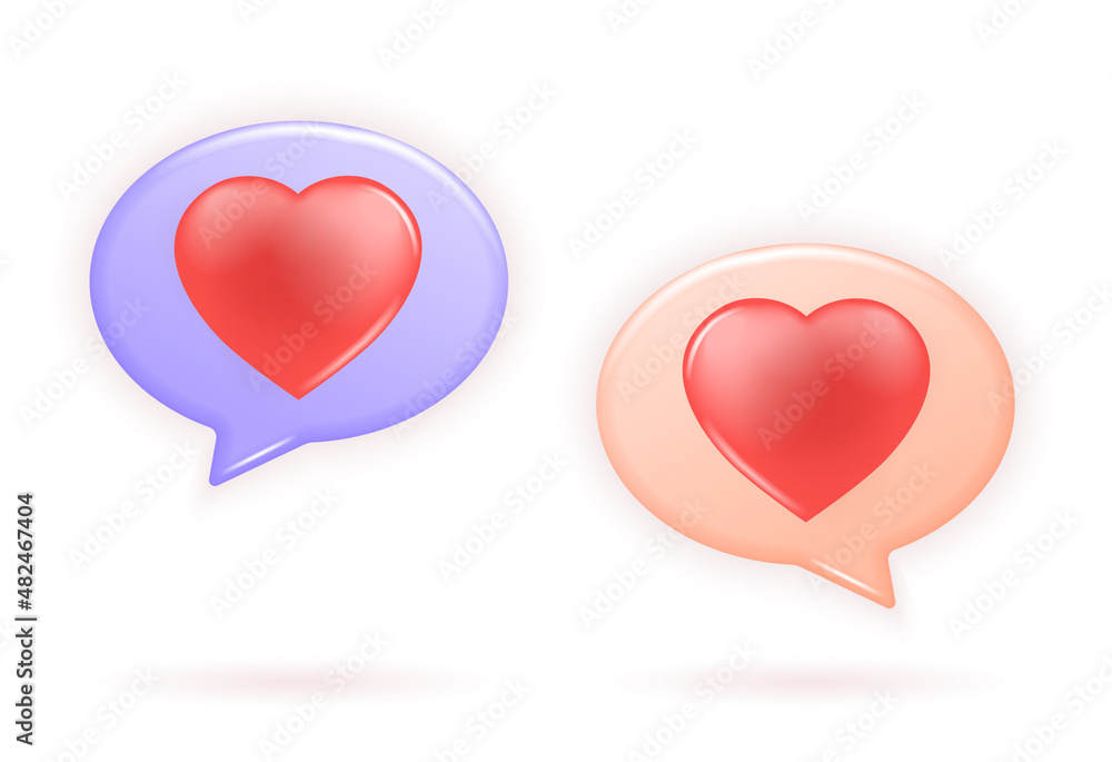 Social media notifications icon. Glossy Red Speech Bubble with White Heart. Realistic 3d design. Vector illustration