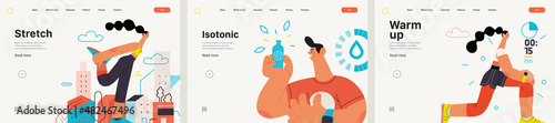 Runners website templates set. Flat vector concept illustrations of athletes running in a park, forest, stadium track or street landscape. Healthy activity and lifestyle. Sprint, jogging, warming up.