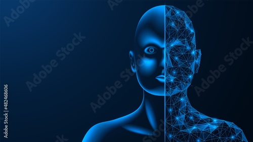 The symbiosis of man and artificial intelligence. Combining the human brain and AI. Polygonal design of interconnected elements. Blue background.
