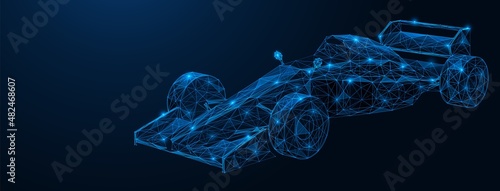 A racing car. Polygonal design of interconnected lines and points. Blue background.