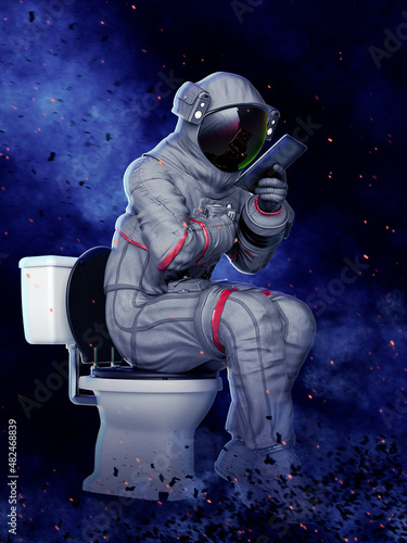 Fototapeta Naklejka Na Ścianę i Meble -  astronaut reading a tablet on the toilet
