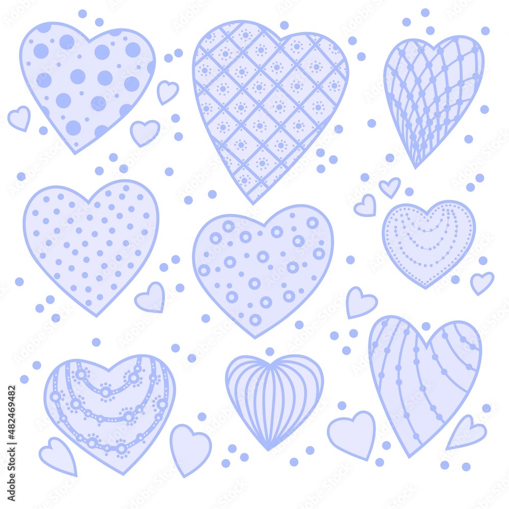 Lilac blue violet hearts with patterns on a white background. Set of isolated hearts for Valentine's Day. Festive background. Collection of elements for holiday design and creative ideas.