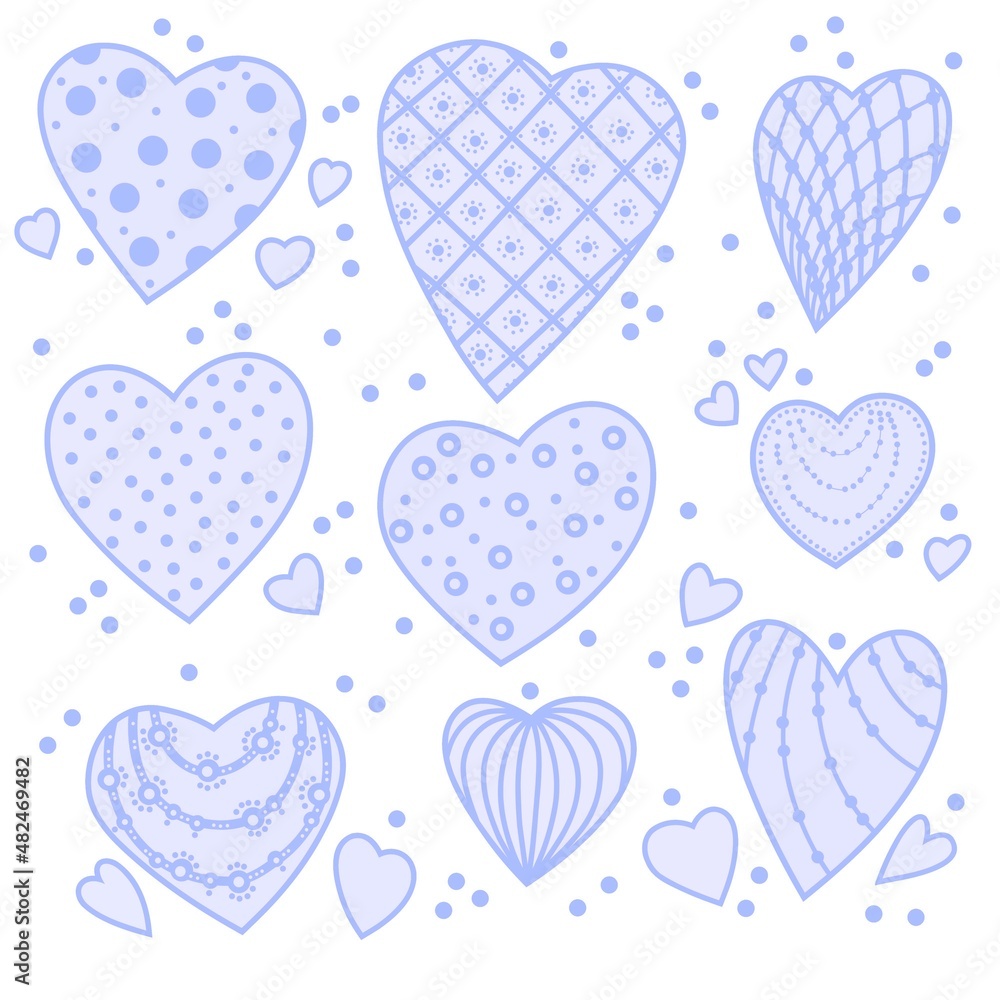 Lilac blue violet hearts with patterns on a white background. Set of isolated hearts for Valentine's Day. Festive background. Collection of elements for holiday design and creative ideas. Lilac blue violet hearts with patterns on a white background. Set of isolated hearts for Valentine's Day. Festive background. Collection of elements for holiday design and creative ideas.