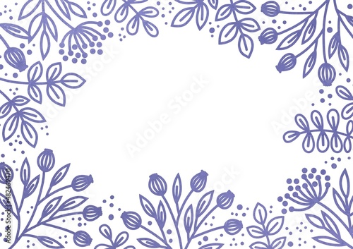 Leaves, flowers and twigs on a violet lilac white background. Plant frame with floral design. Space for text and graphic design. Festive background with a pattern of twigs.