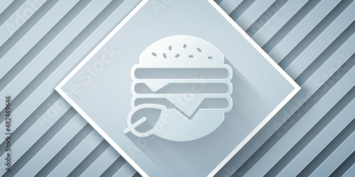 Paper cut Vegan food diet icon isolated on grey background. Organic, bio, eco symbol. Vegan, no meat, lactose free, healthy, fresh and nonviolent food. Paper art style. Vector