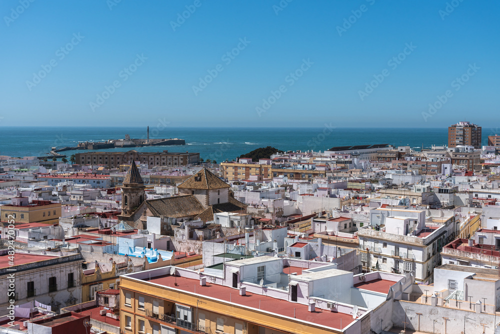 Panoramic view of the old city rooftops from tower Tavira in Cadiz, Andalusia, Spain