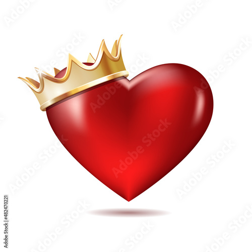 Realistic red elegant heart with golden crown king. Happy valentines day card