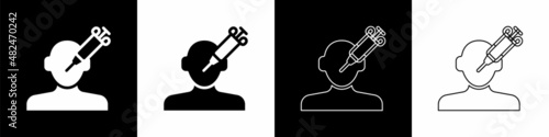 Set Addiction to the drug icon isolated on black and white background. Heroin, narcotic, addiction, illegal. Sick junkie with a syringe and medical pills. Vector
