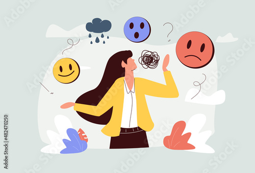 Mood disorder - bipolar emotion change metal problem, tiny person concept. Confusing inner feelings leading to stress
