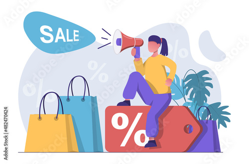 Sale. A girl is shouting into the mouthpiece about the start of shopping and sales