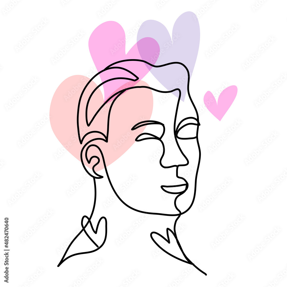 Man facial one line art illustration minimalism style with pastel tone color hearts. Idea for Valentine's day theme. Man facial one line art illustration minimalism style with pastel tone color hearts. Idea for Valentine's day theme.