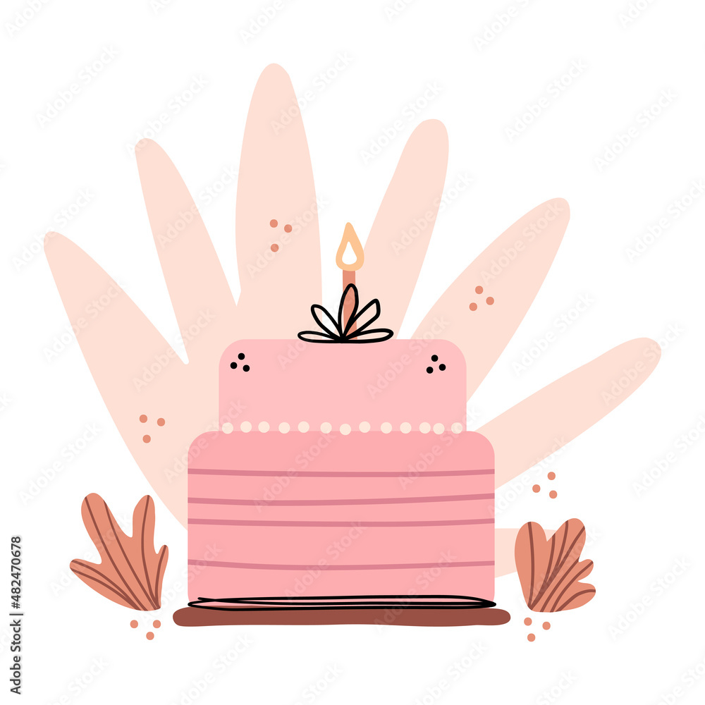 Illustration of a festive birthday cake. Cake decorated with candles for a baby party. Simple cute style. Illustration of a festive birthday cake. Cake decorated with candles for a baby party. Simple cute style.