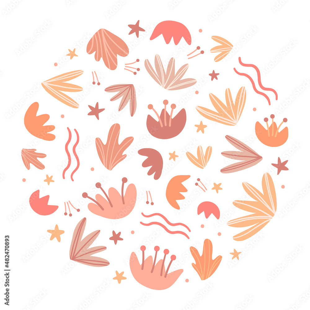 Illustration of a circle made of flowers and leaves. Botanical set of simple elements. Simple cute style.