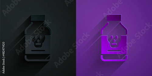 Paper cut Poisoned pill icon isolated on black on purple background. Pill with toxin. Dangerous drug. Paper art style. Vector