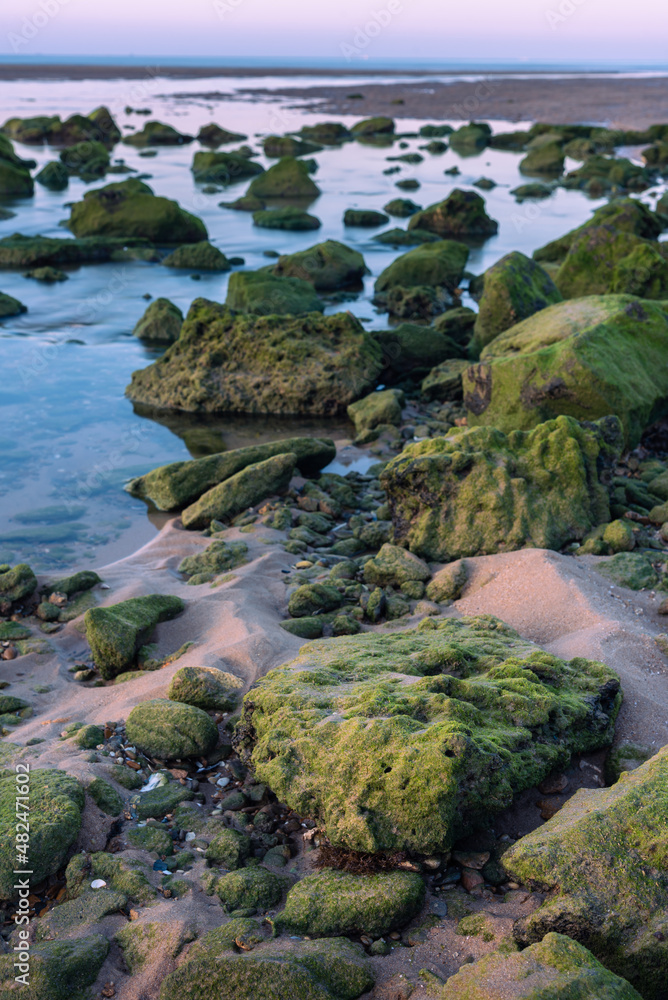 Landscape with rocks and stones on the Barbate beach next to the mouth of the Barbate river at sunrise, Cadiz, Andalusia, Spain