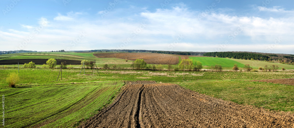 plowed lands with green winter wheat, spring field relief hilly landscape in the background