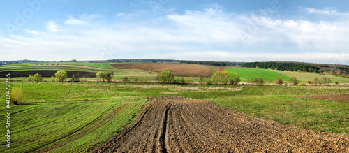 plowed lands with green winter wheat, spring field relief hilly landscape in the background