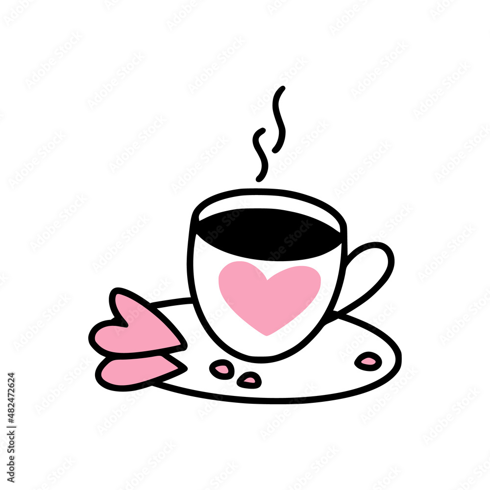 An icon of cup of coffee with heart-shaped cookies. An icon of cup of coffee with heart-shaped cookies.
