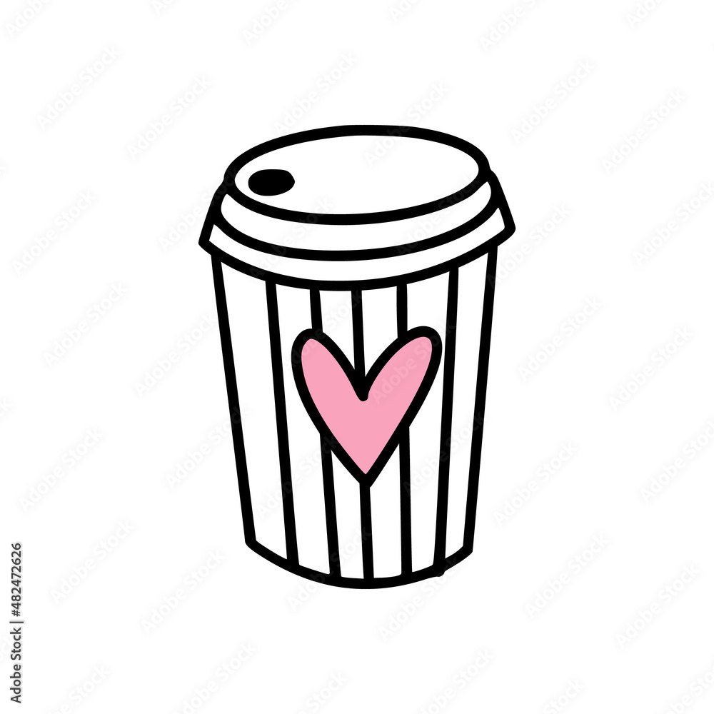 An icon of cup of coffee with heart label. An icon of cup of coffee with heart label.